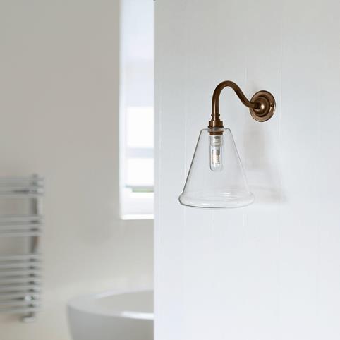 RYE BATHROOM Clear Glass Wall Light- Small in Antique Brass