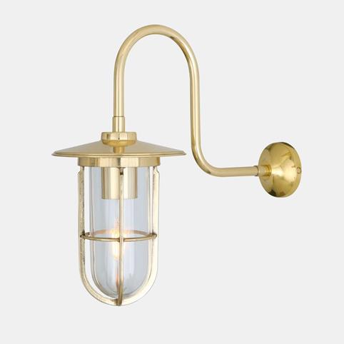 LARGE TRADITIONAL Swan Neck Wall Light with Cage - Outdoor in Polished Brass