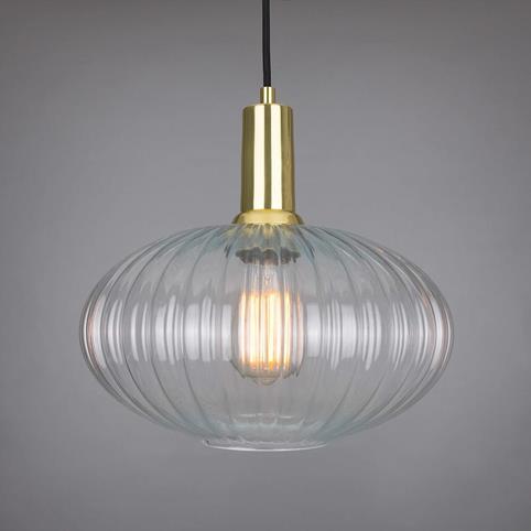 ROUND REEDED Glass Pendant Light in Polished Brass
