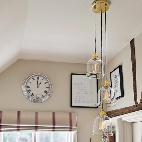 HYTHE CLEAR Glass 3 Cluster Pendant Light - Small in Polished Brass