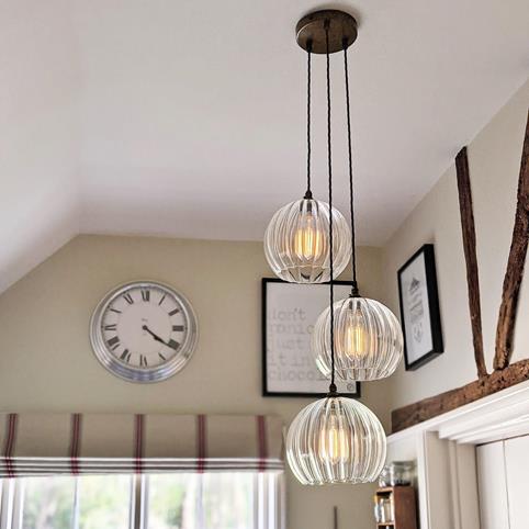 SOHO RIBBED Glass 3 Cluster Pendant Light - Large in Antique Brass