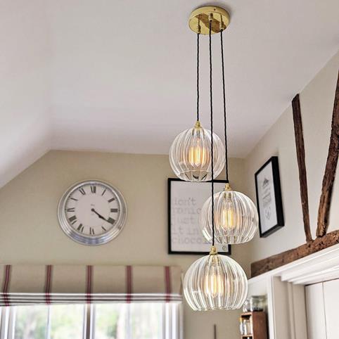 SOHO RIBBED Glass 3 Cluster Pendant Light - Large in Polished Brass
