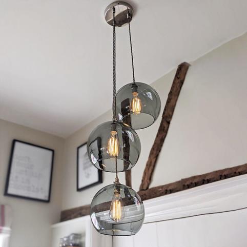 SOHO SMOKED GREY Glass 3 Cluster Pendant Light - Large in Nickel