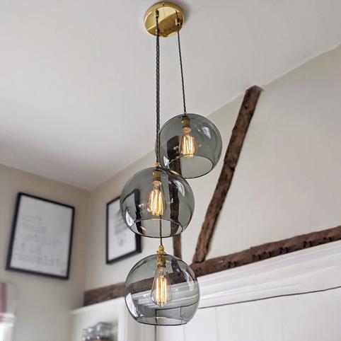 SOHO SMOKED GREY Glass 3 Cluster Globe Pendant Light - Large in Polished Brass