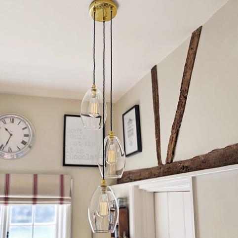 CAMBER CLEAR Glass 3 Cluster Pendant Light - Small in Polished Brass