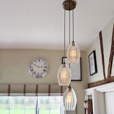 CAMBER RIBBED Glass 3 Cluster Pendant Light - Small in Antique Brass