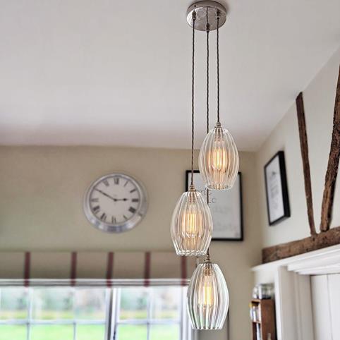 CAMBER RIBBED Glass 3 Cluster Pendant Light - Small in Nickel