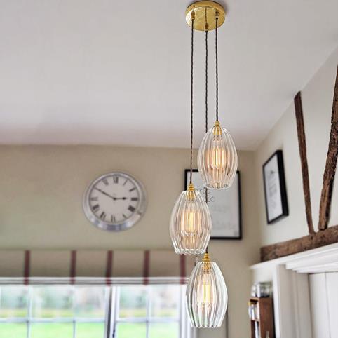CAMBER RIBBED Glass 3 Cluster Pendant Light - Medium in Polished Brass