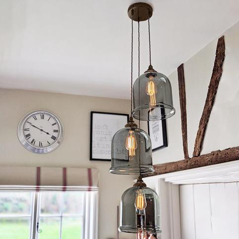 HYTHE SMOKED Glass 3 Cluster Pendant - Medium in Antique Brass