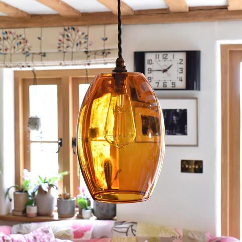 CAMBER CLEAR Amber Glass Pendant Light - Large in Antique Brass
