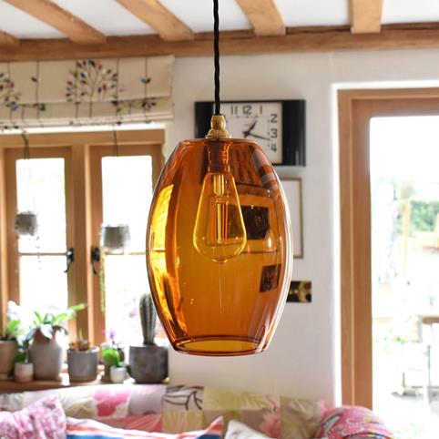 CAMBER CLEAR Amber Glass Pendant Light - Large in Polished Brass