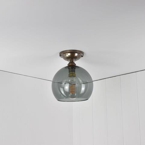 SOHO FLUSH CEILING LIGHT Smoked Glass Globe - Small in Antique Brass
