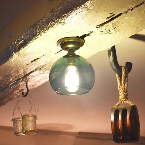 SOHO FLUSH CEILING LIGHT Teal Glass Globe - Small in Antique Brass