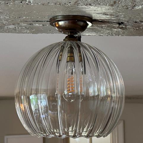 SOHO FLUSH CEILING LIGHT Ribbed Glass Globe - Large in Antique Brass