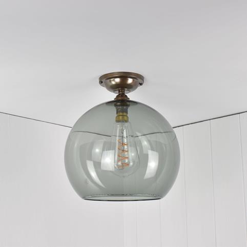 SOHO FLUSH CEILING LIGHT Smoked Glass Globe - Large in Antique Brass