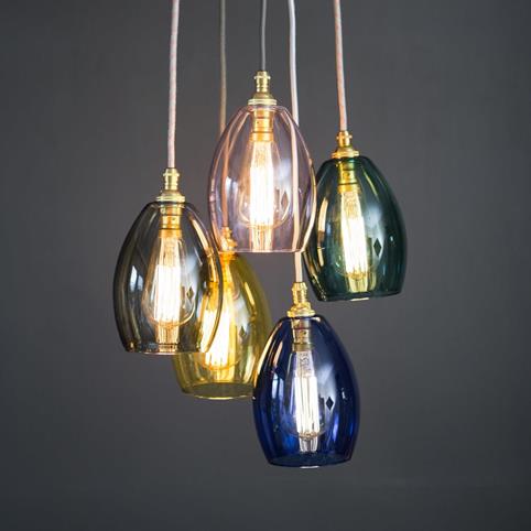 HUTTON Coloured Glass 5 Cluster Pendant Light in Brass