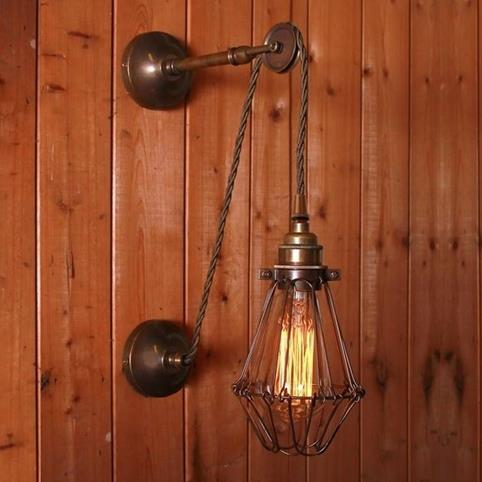 VINTAGE ADJUSTABLE Wall Light with Pulley and Cage in Antique Brass