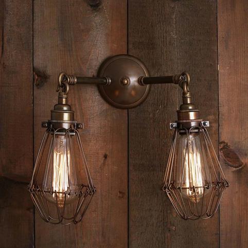 KEMPTON CAGED Double Wall Light in Antique Brass