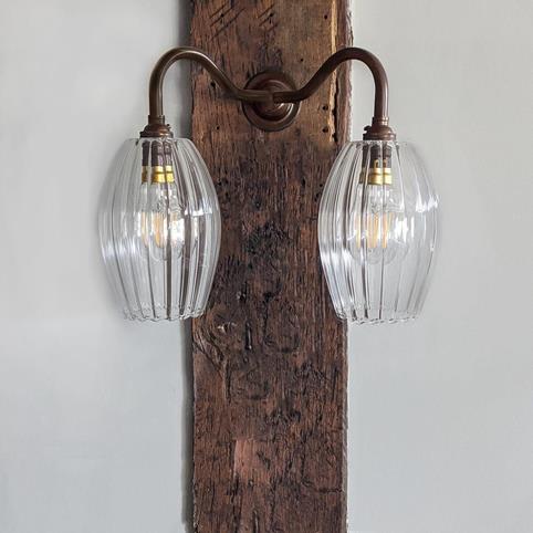 CAMBER RIBBED Glass Double Arm Wall Light in Antique Brass