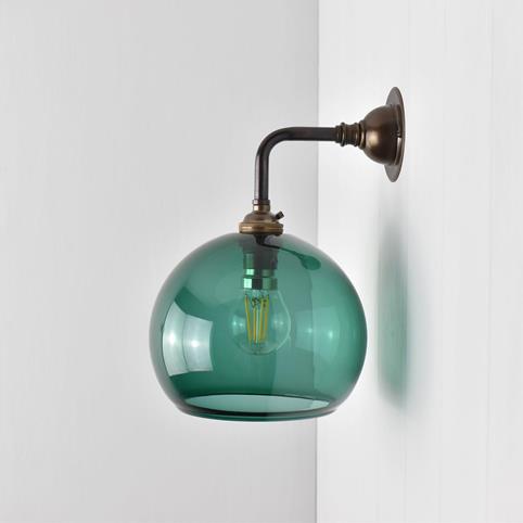 SOHO TEAL Small Elbow Glass Globe Wall Light in Antique Brass